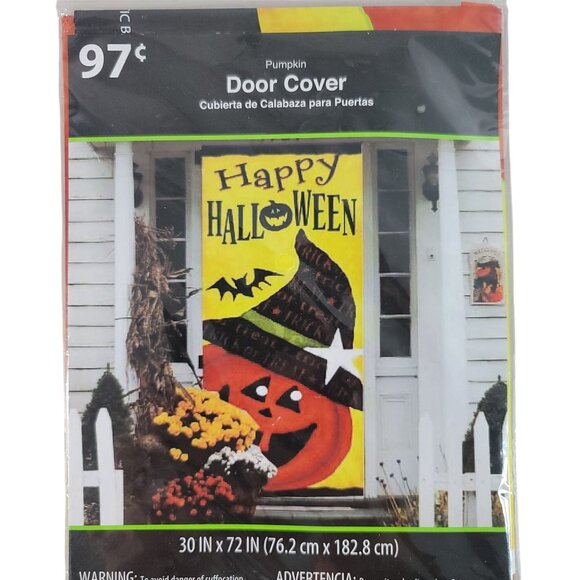 2/$15 Halloween Door Cover Happy Halloween Smiling Pumpkin 30x72" Photo Prop NEW - Picture 2 of 5